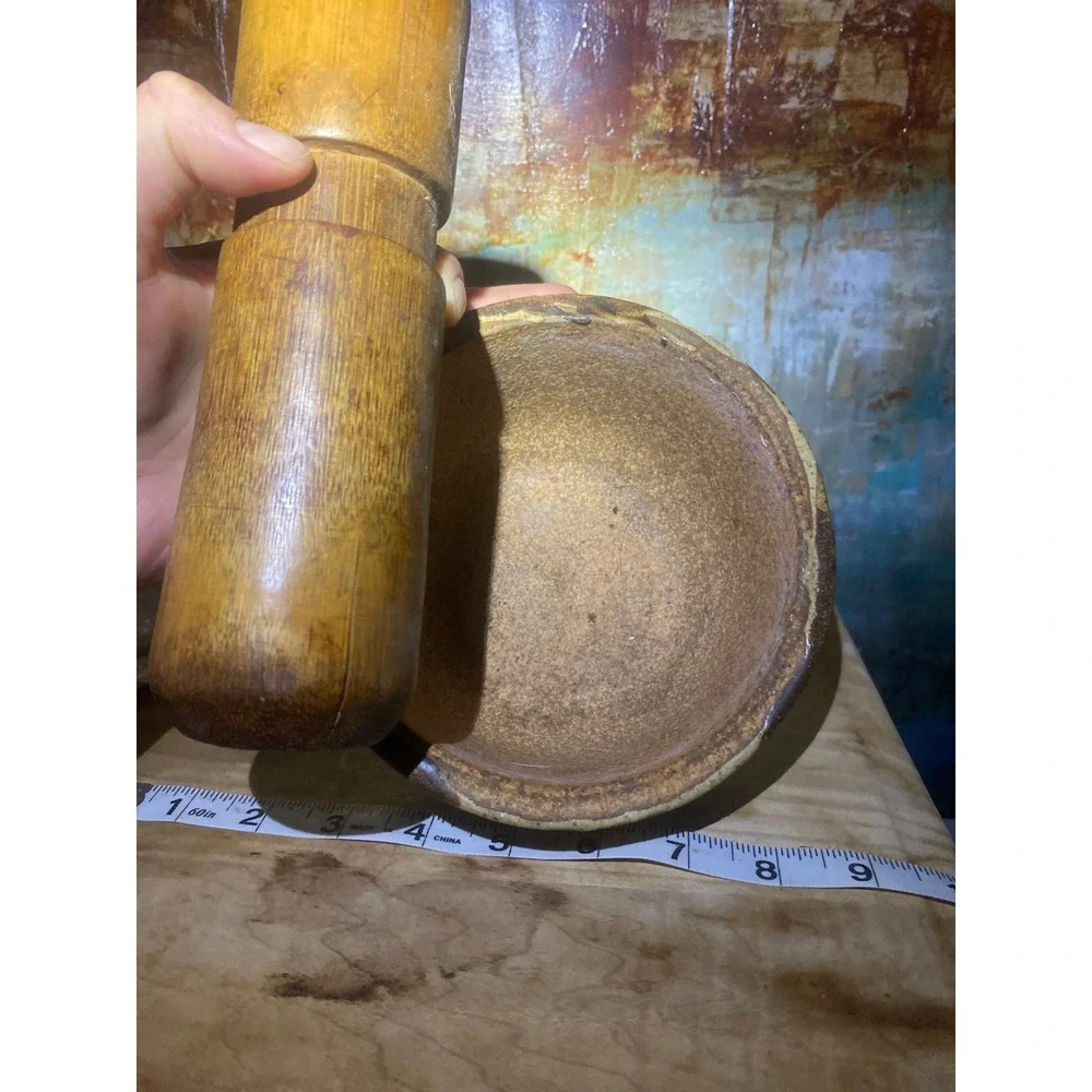 Vintage Studio Pottery Ceramic Mortar and Wood Pestle Set Tan Brown Rustic 6in